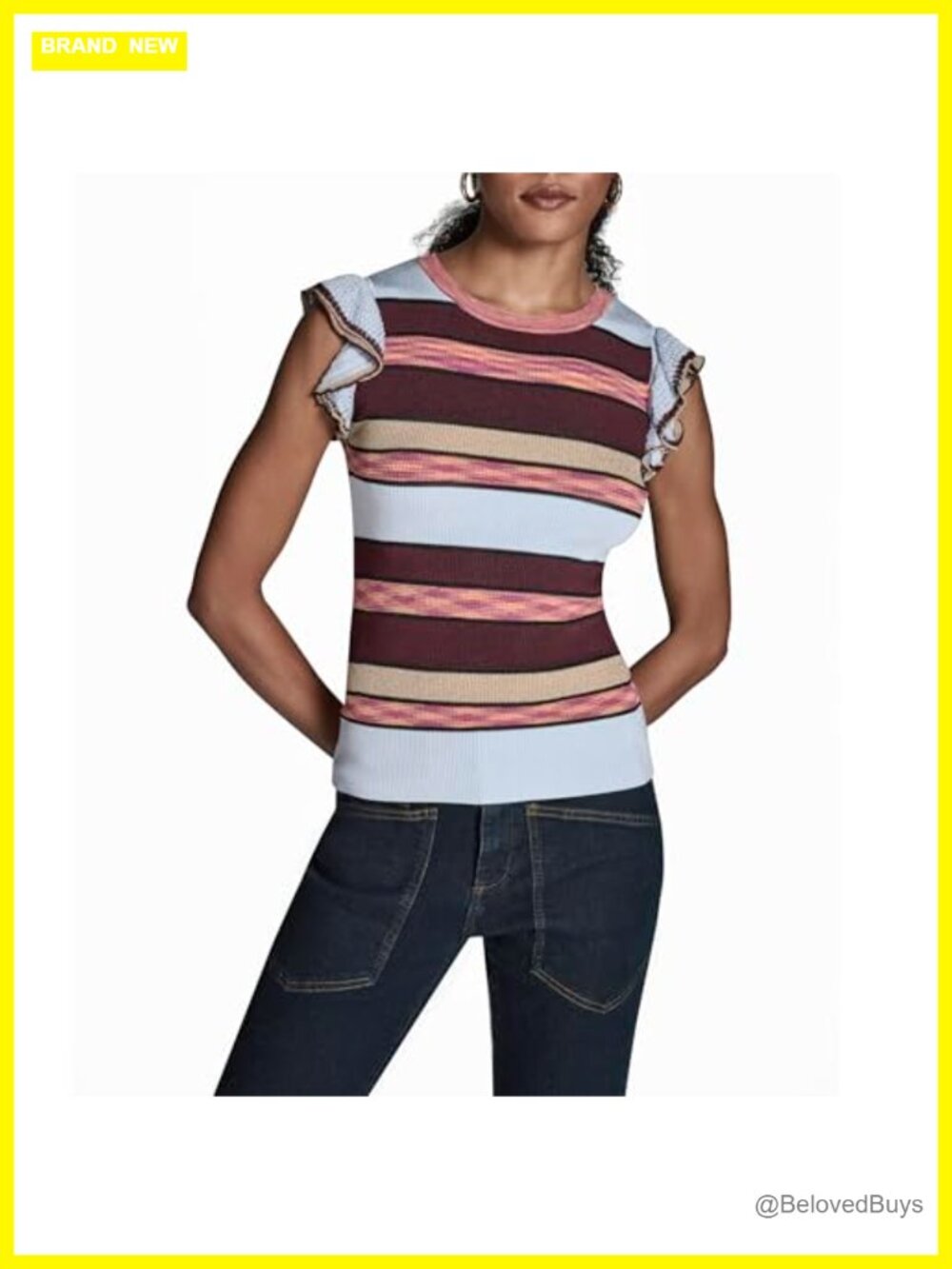 Short Sleeve Crew Neck Top with Ruffle Sleeve Relaxed Fit